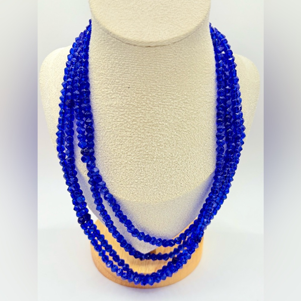 Antique Art Deco Handmade Faceted Cobalt Blue Czech Long Flapper Necklace